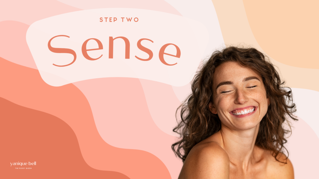 Wavy coral to yellow background. Cutout of woman smiling. Text Overlay says "Build a Sensual Spiritual Morning Routine Step 2: Sense"