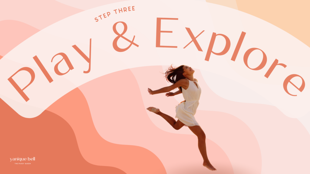 Wavy coral to yellow background. Cutout of woman leaping. Text Overlay says "Build a Sensual Spiritual Morning Routine Step 3: Play & Explore"