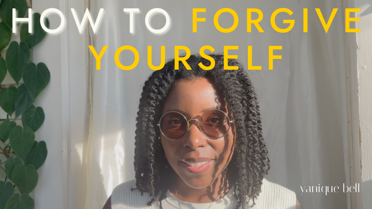 Video snapshot of Yanique. Text overlay reads, "How to forgive yourself."