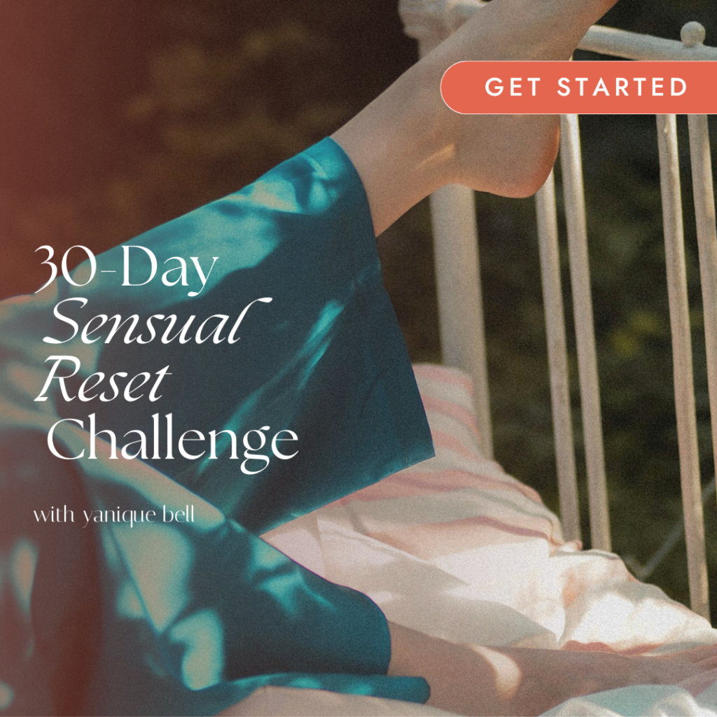 Woman in satin pajamas in bed. Text overlay reads, "30-Day Sensual Reset Challenge with Yanique Bell."