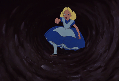 Scene of Alice falling down the rabbit hole from Alice in Wonderland.