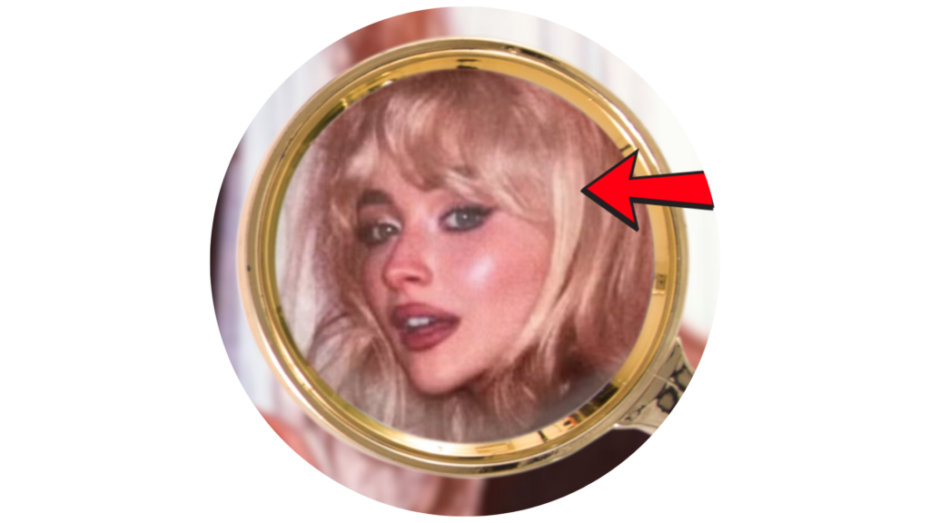 Sabrina Carpenter, Man's Best Friend, album cover, with a magnifying glass zoomed into her face. (Cropped Circle)