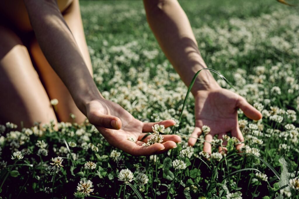 woman touching weed flowers in a field